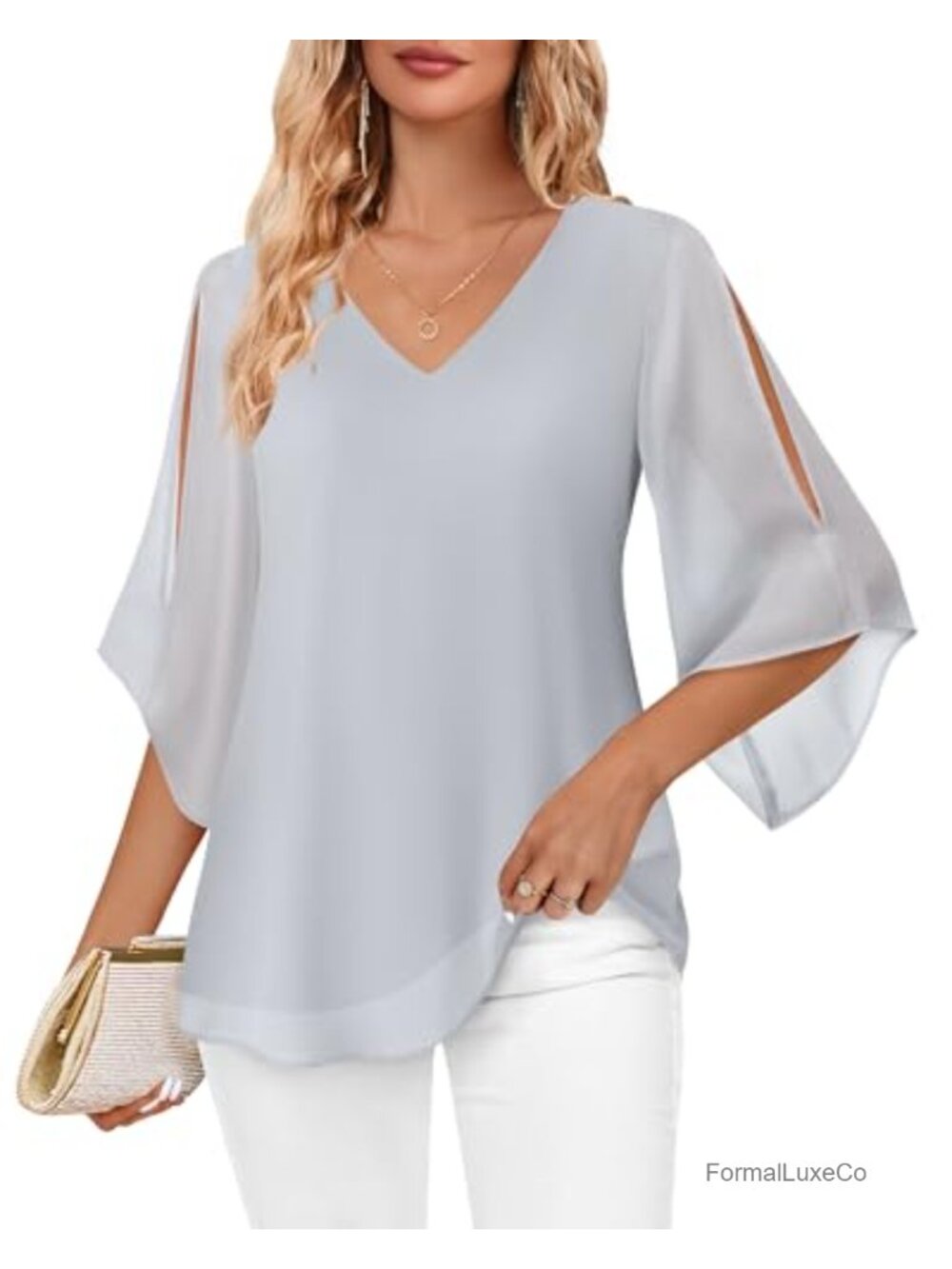 Women's Ruffle 3/4 Sleeve V-Neck Double Layer Chiffon Blouse Dressy Tunic Top